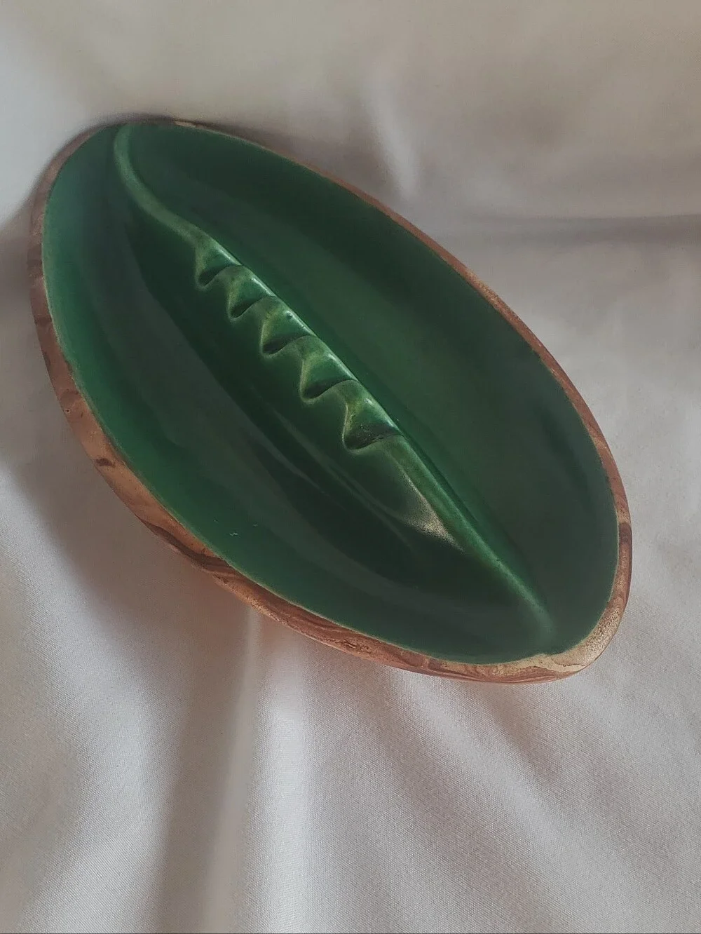 Yellowstone Park Vtg Green/Woodgrain  Ceramic Ashtray Trinket Bowl MCM Retro